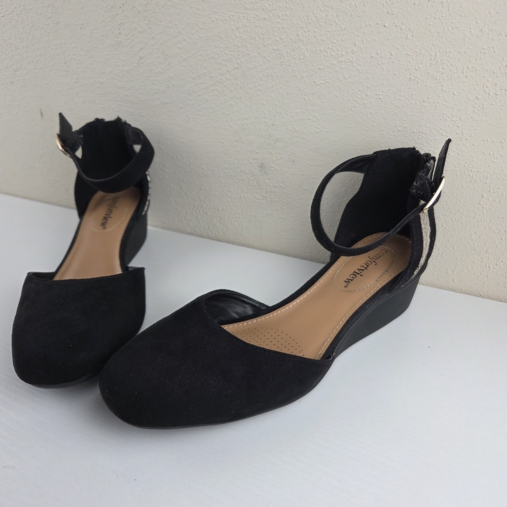 Comfortview Aurelia Black/Gator Skin Heel Zip Strap Wedge Heels Womens Size 8 WW